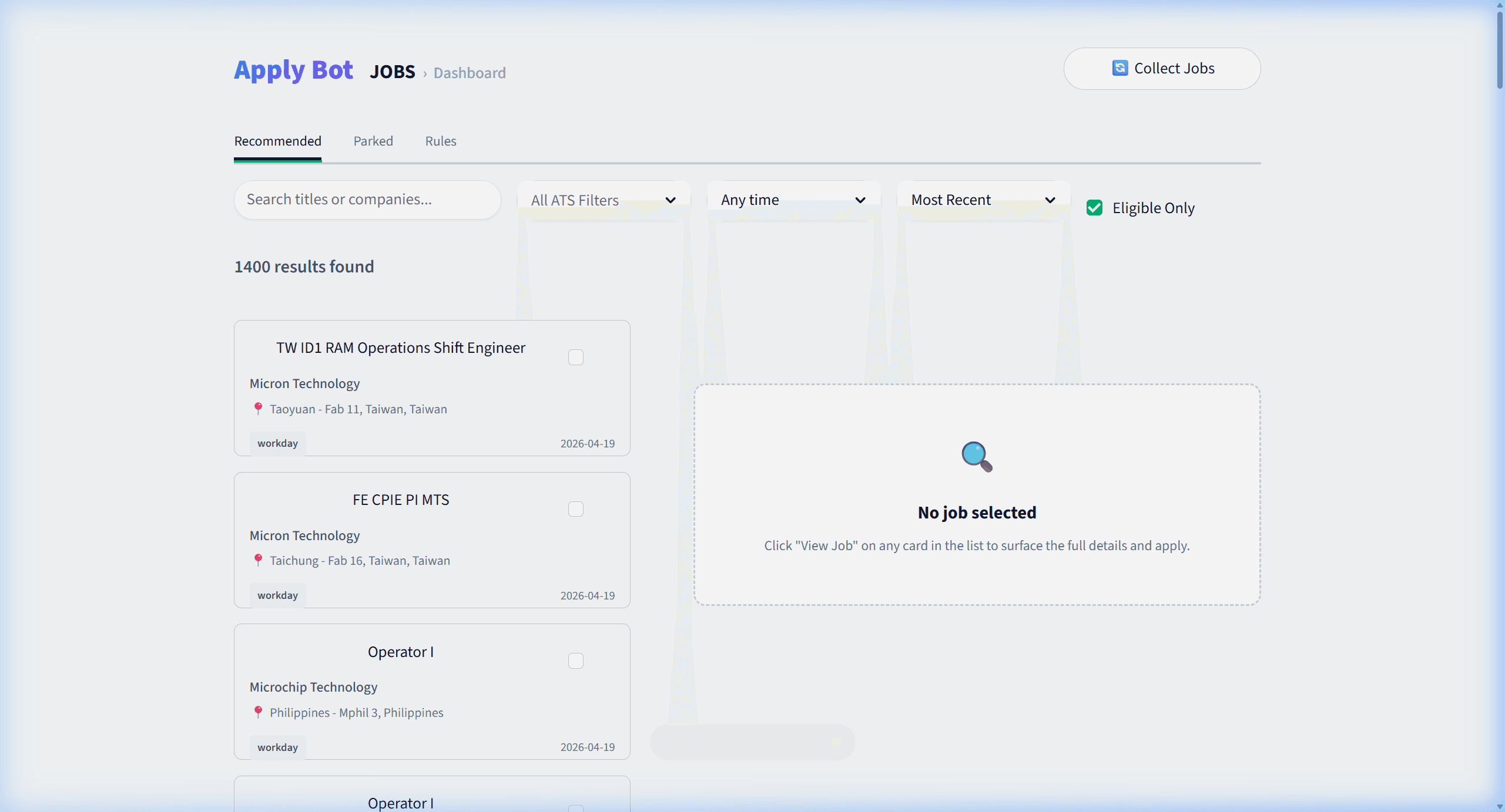 Apply Bot main dashboard